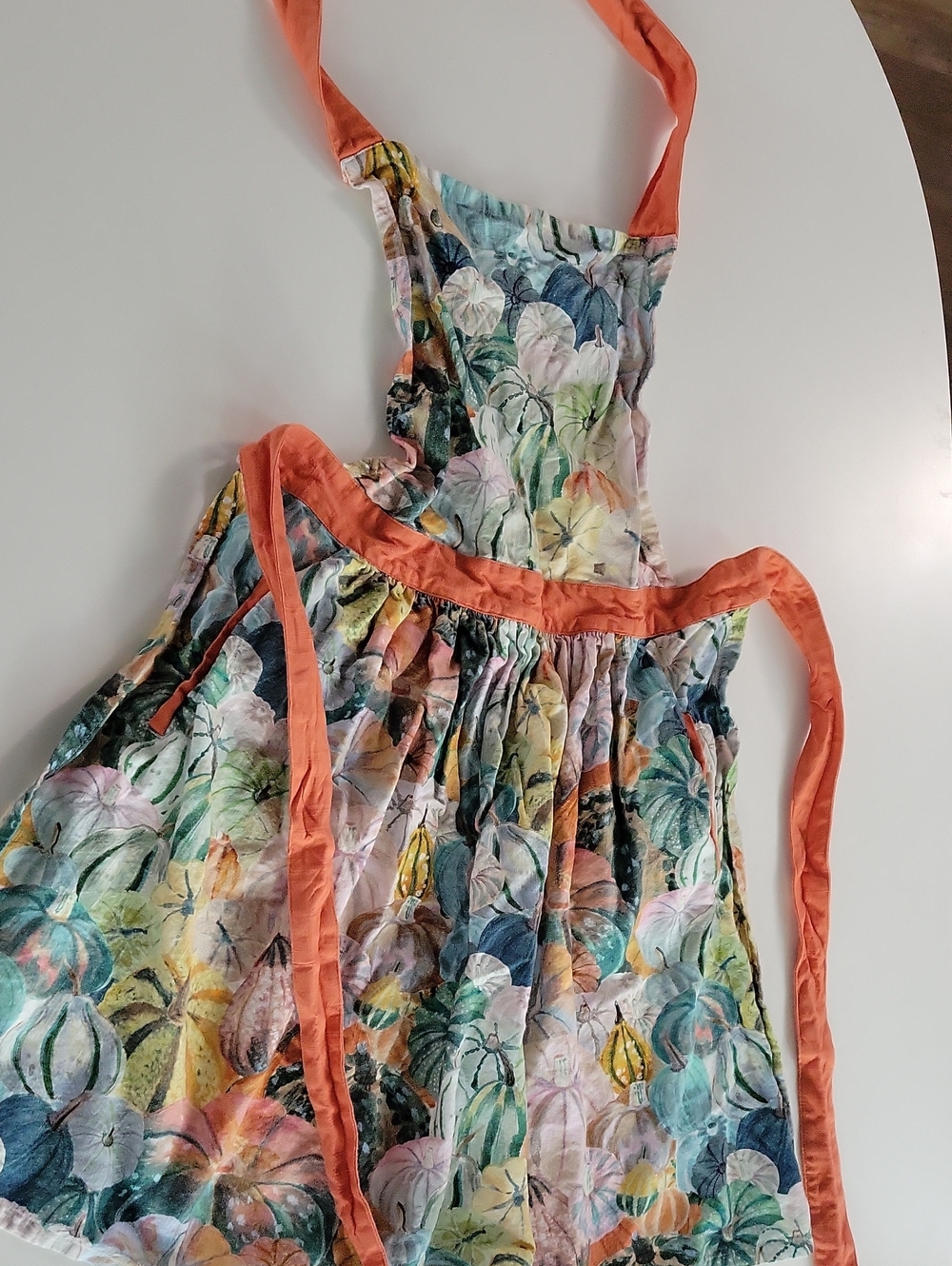 Anthropologie Pastel Pumpkin Apron with Coral Colored Trim